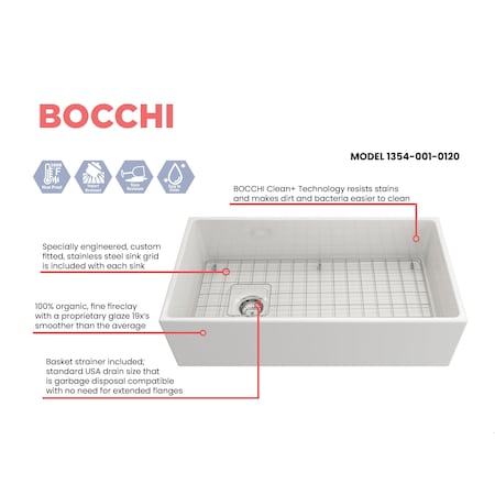 Bocchi Contempo Farmhouse Apron Front Fireclay 36 in. Single Bowl Kitchen Sink in White 1354-001-0120